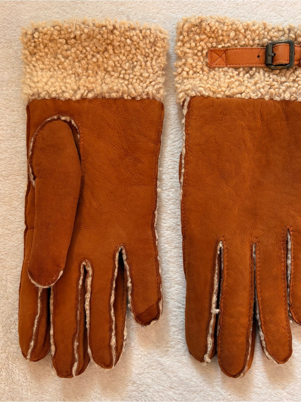 Nordstrom Tan Shearling-Lined & Trimmed Suede Gloves with Buckle Accent